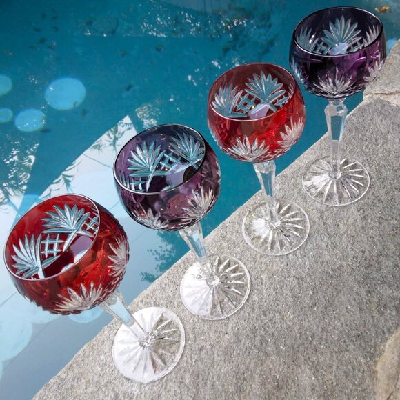 Set of 4 Ajka Caroline 9 Point Wine Hock Cut to Clear 2 Ruby/2 Amethyst Goblets - Picture 6 of 10